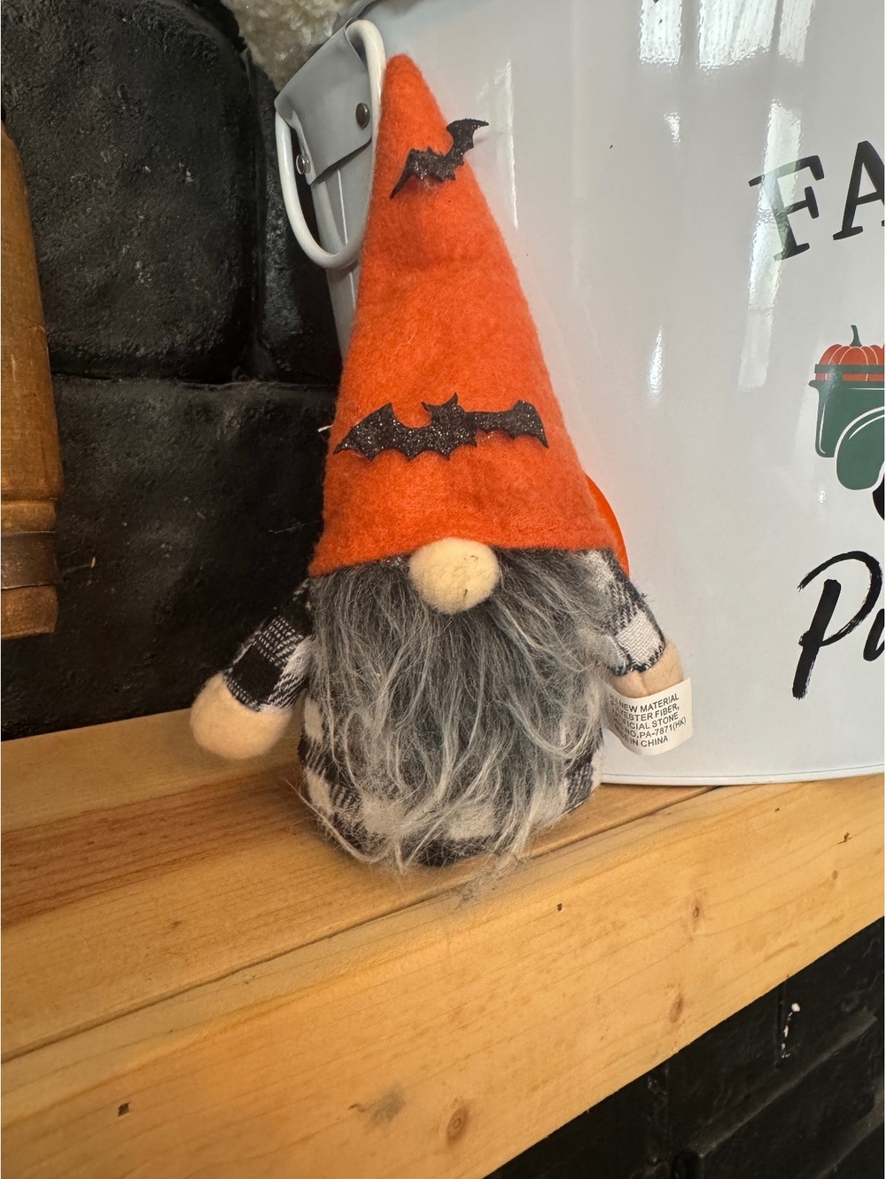 Halloween Gnome Figurine with Orange Hat and Black Bat Decorations